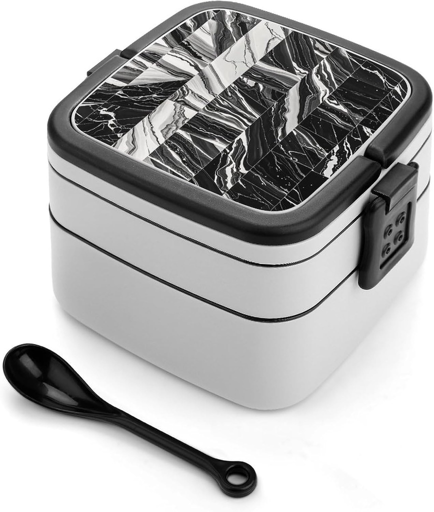 Black Marble Bento Box Double-Layer Bento Lunch Container with Spoon And Invisible Handle Adult Leak-Proof Lunchbox for Dining Out Work Picnics Travel