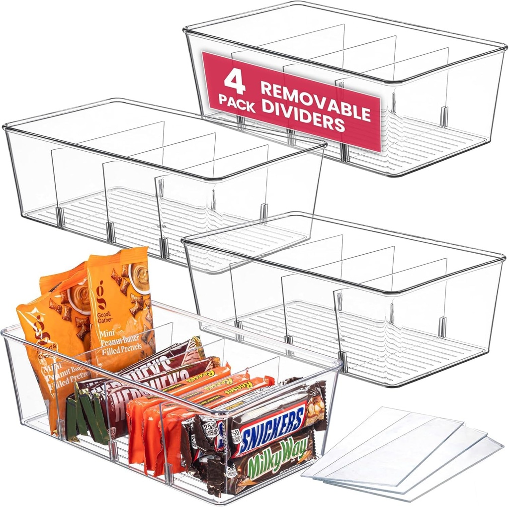 Oizeir Clear Pantry Organizer Bins (4PK) - Fridge Organizer with 3 Removable Dividers - Kitchen Pantry Organizers & Storage - Storage Cabinet Snack
