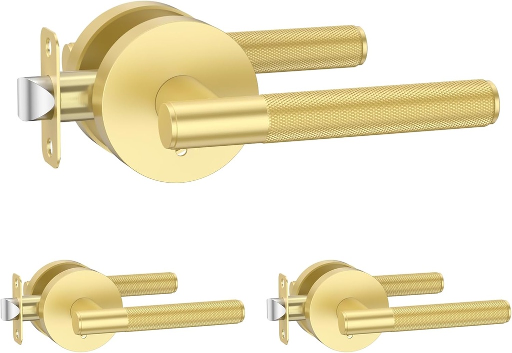 Amerdeco 3 Pack Brushed Gold Door Handles Interior, Knurled Privacy Door Handles with Lock,Heavy Duty Gold Door Lever for Bedroom or Bathroom,Reversible Keyless for Left Right Handed Doors