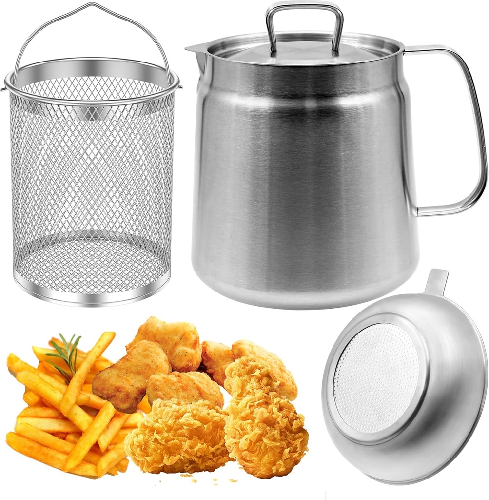 1.5L Strainer Pot Fryer, 304 Stainless Steel Oil Filter Pot with Strainer & Deep Fryer Basket for Kitchen, Multi-function Frying Net Tank Grease Container