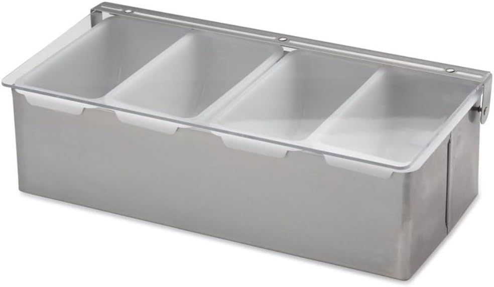 Soro Essentials- 4 Compartment Stainless Steel Condiment Dispenser Open Bottom No Ice Tray- Condiment Dispenser for Bartending Taco Bar Ice Cream Fruit Salad Bar Topping Organizer for Restaurant
