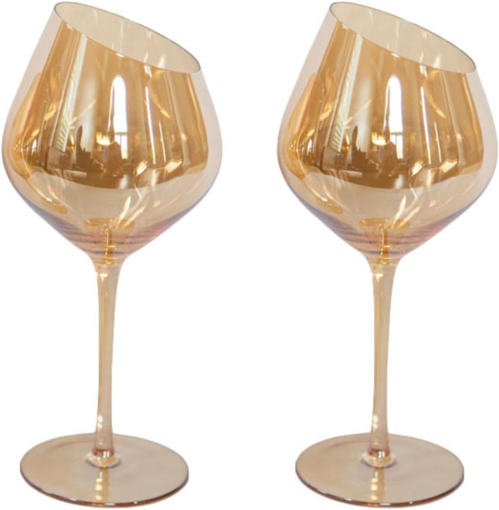 Gold Wine Glasses, 21oz, Set of 2 - Slanted Rims, Angled Bowl for Optimal Aeration, Modern, Decorative Fancy Red Wine Glasses Set for Women and Men, Stemmed Goblets for Pinot Noir, Sangria