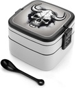 Bull Skull Bento Box Double-Layer Bento Lunch Container with Spoon And Invisible Handle Adult Leak-Proof Lunchbox for Dining Out Work Picnics Travel