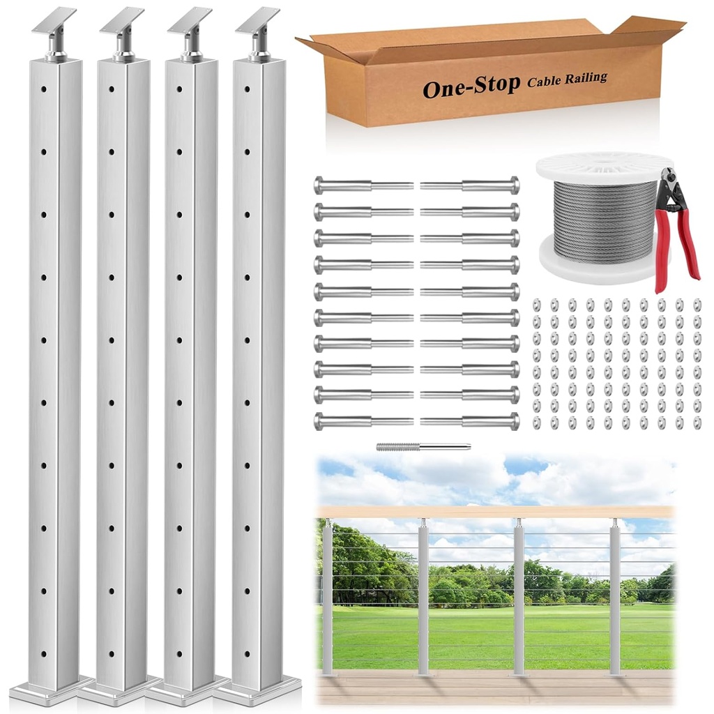 One-Stop Cable Railing Post Kits, 4Pack Brushed Finish Level Drilled Line Post 36", Adjustable Top Cable Railing System Including 4 Railing Posts, 160ft Cable, 10 Set Terminal, 80 Cable Sleeves