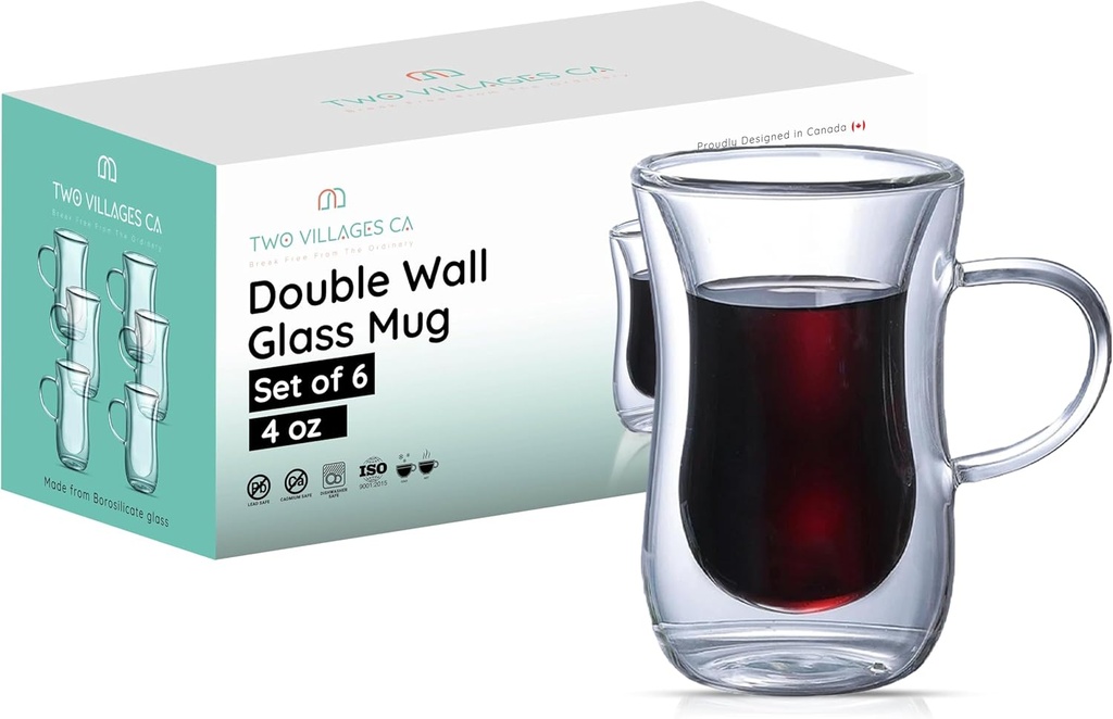 4 Oz Double Wall Borosilicate Insulated Glass Coffee Mug Set of 6, 120ml Coffee Cups with Handle for Tea, Latte - Perfect Espresso Cup Gift