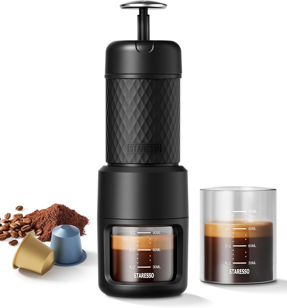 STARESSO Classic Portable Espresso Maker, 2 IN 1 Travel Coffee Maker Compatible Ground Coffee & NS Original Pods, Espresso Machine with Stainless Steel Chamber for Travel Camping, Manually Operated
