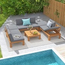 SUNSITT 6 Piece Acacia Wood Patio Furniture Outdoor Sectional Sofa Set with Adjustable Armrest, FSC Certified L-Shaped Patio Set w/2-in-1 Coffee Table, Grey Cushions