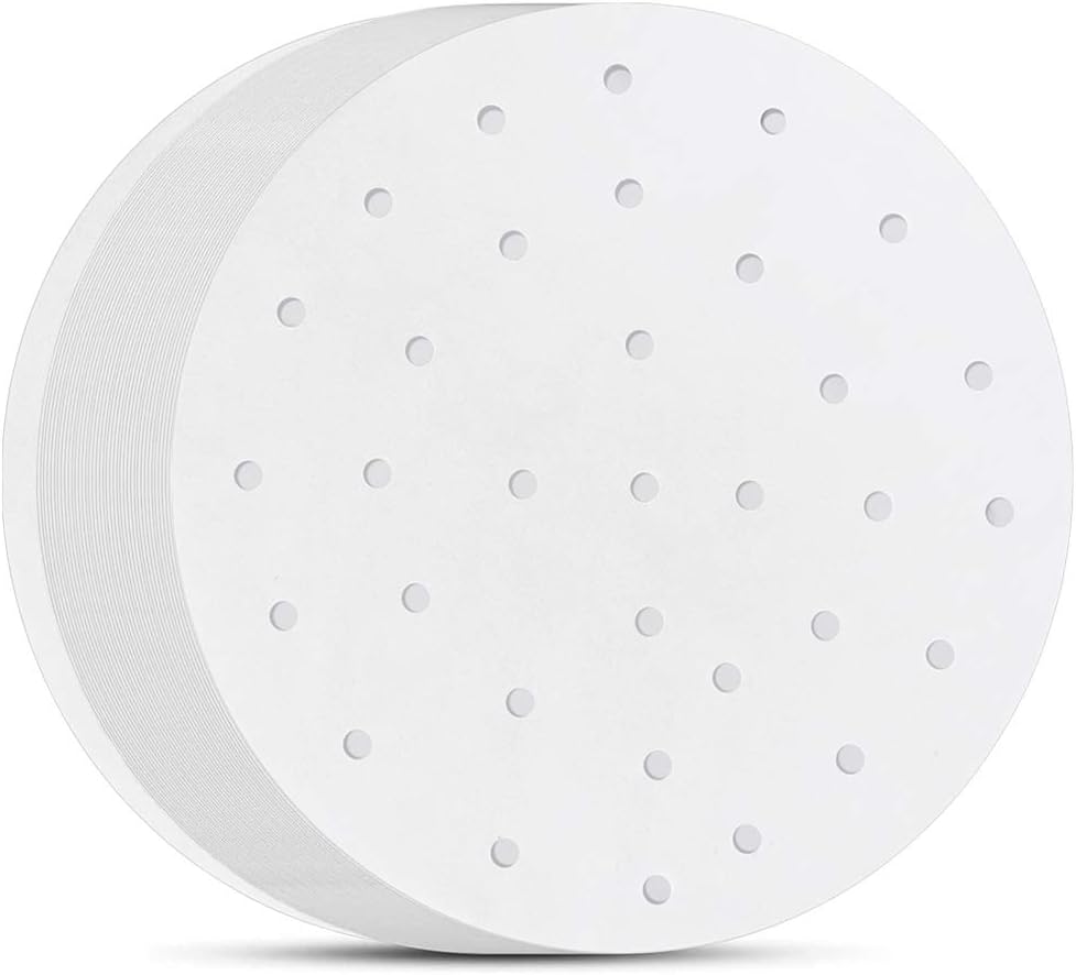 Air Fryer Parchment Paper, Set of 200, 8 inch Steamer Liners/Perforated Round Air Fryer Sheet Filter Liners/Dumpling Bamboo Steamer Paper for Airfryer, Steaming Basket and More