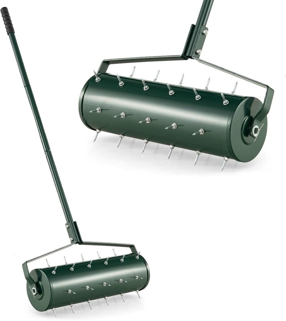 Goplus Rolling Lawn Aerator, 21-Inch Garden Yard Rotary Push Tine Filled Sand Stone, Heavy Duty Spike Soil Aeration w/Metal Handle, Fillable Drum 51" Manual Lawn Aeration Tool Garden Grass Patio Yard