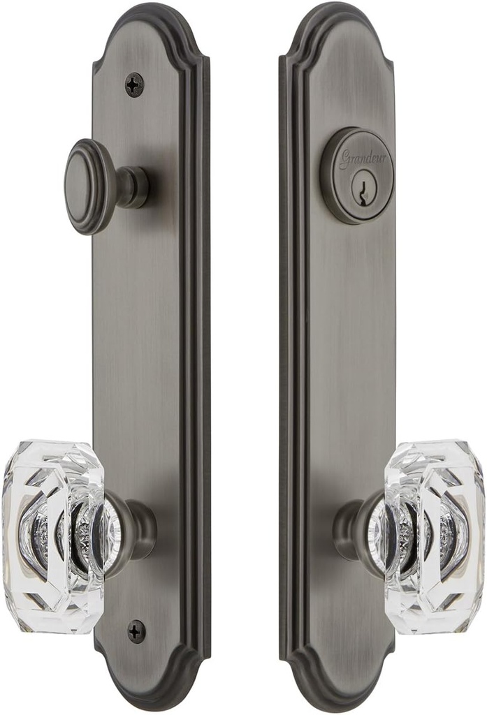 Grandeur Hardware 839309 Arc Tall Plate Complete Entry Set with Baguette Clear Crystal Knob, Backset Size - 2.375", Antique Pewter