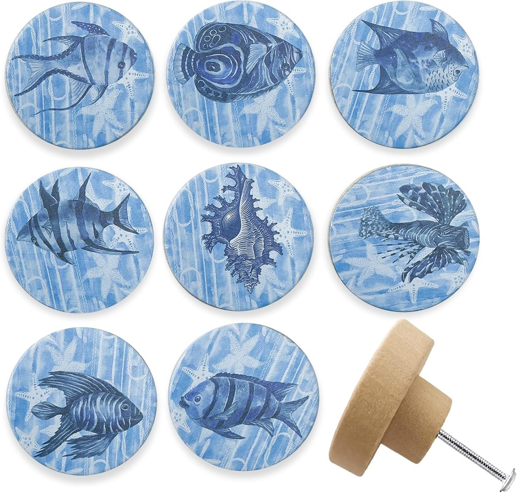 Set of 8 Wooden Fish Coastal Beach Themed Kitchen Cabinet Dresser Knobs and Drawer Pulls Handles 1.8 X 1.8 Inches