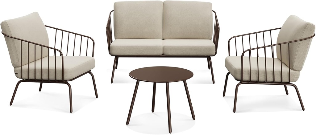 EAST OAK 4-Piece Plaza Patio Furniture Set, Outdoor Furniture with Thick Cushion Sofa and Coffee Table, Modern Patio Conversation Set for Garden, Backyard and Porch, Brown & Beige