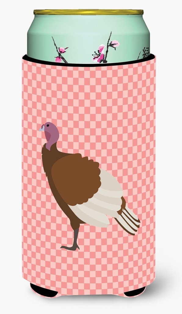 Caroline's Treasures BB7982TBC Bourbon Red Turkey Hen Pink Check Tall Boy Hugger Can Cooler Sleeve Hugger Machine Washable Drink Sleeve Hugger Collapsible Insulator Beverage Insulated Holder