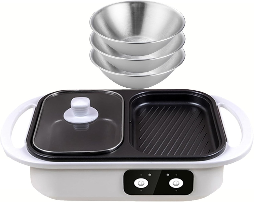 Electric Shabu Hot Pot & Barbecue Frying Pan with Distributor + 3 Salad Bowls, Electric Contact Grills Non-stick Multi-Cookers 1300w Hot Pot Barbecue Integrated Pot,White