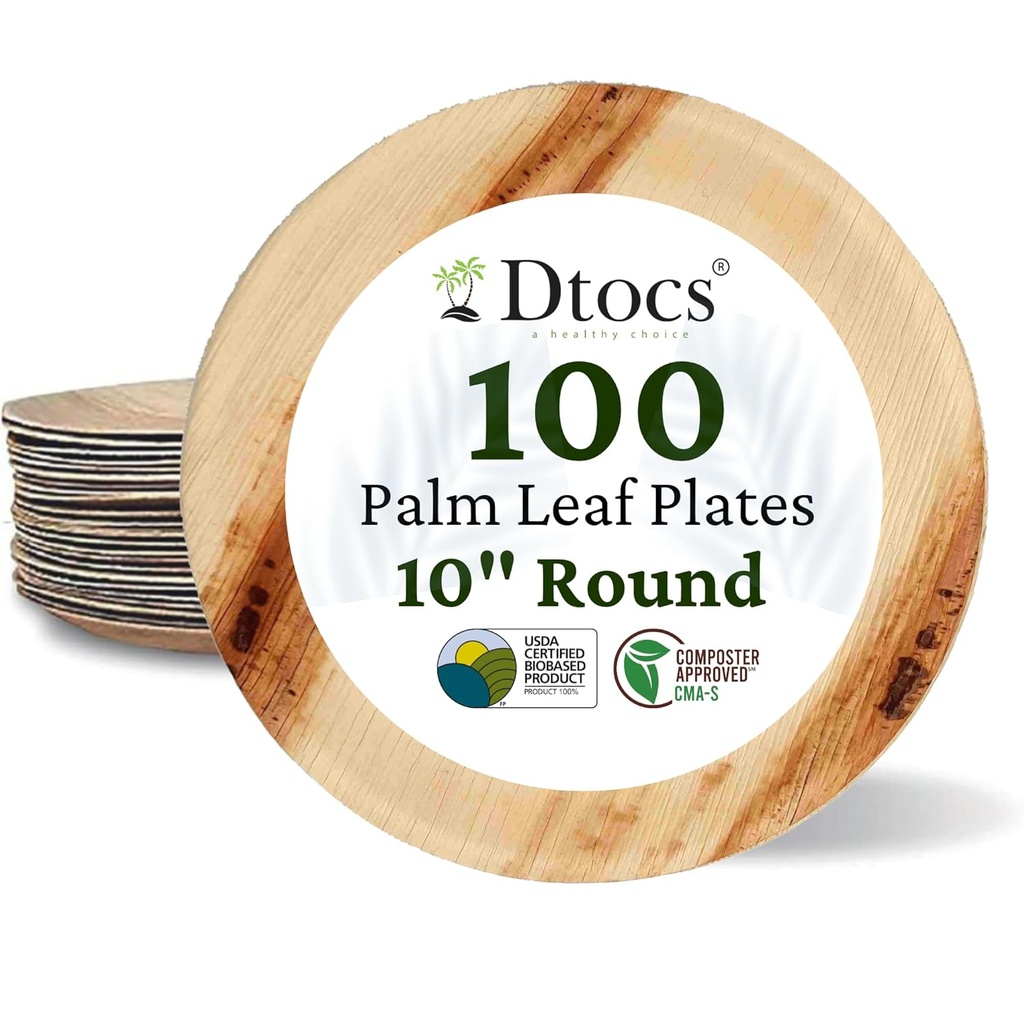 Dtocs Palm Leaf Plates 10 Inch Round (100) | Bamboo Plates Disposable Like Compostable Dinnerware Set for Party, Dinner, Serving Platters, Charcuterie Boards | Alternate to Plastic, Wood, Paper Plate