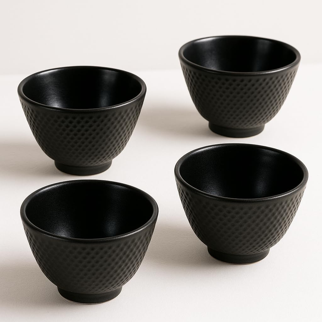 4 Pieces Japanese Cast Iron Tea Cup Set Handcrafted Ceramic Mugs with Fine Grinding Bottoms Chinese Kung Fu Tea Cup Blossom Teacup Handcraft Mugs Set