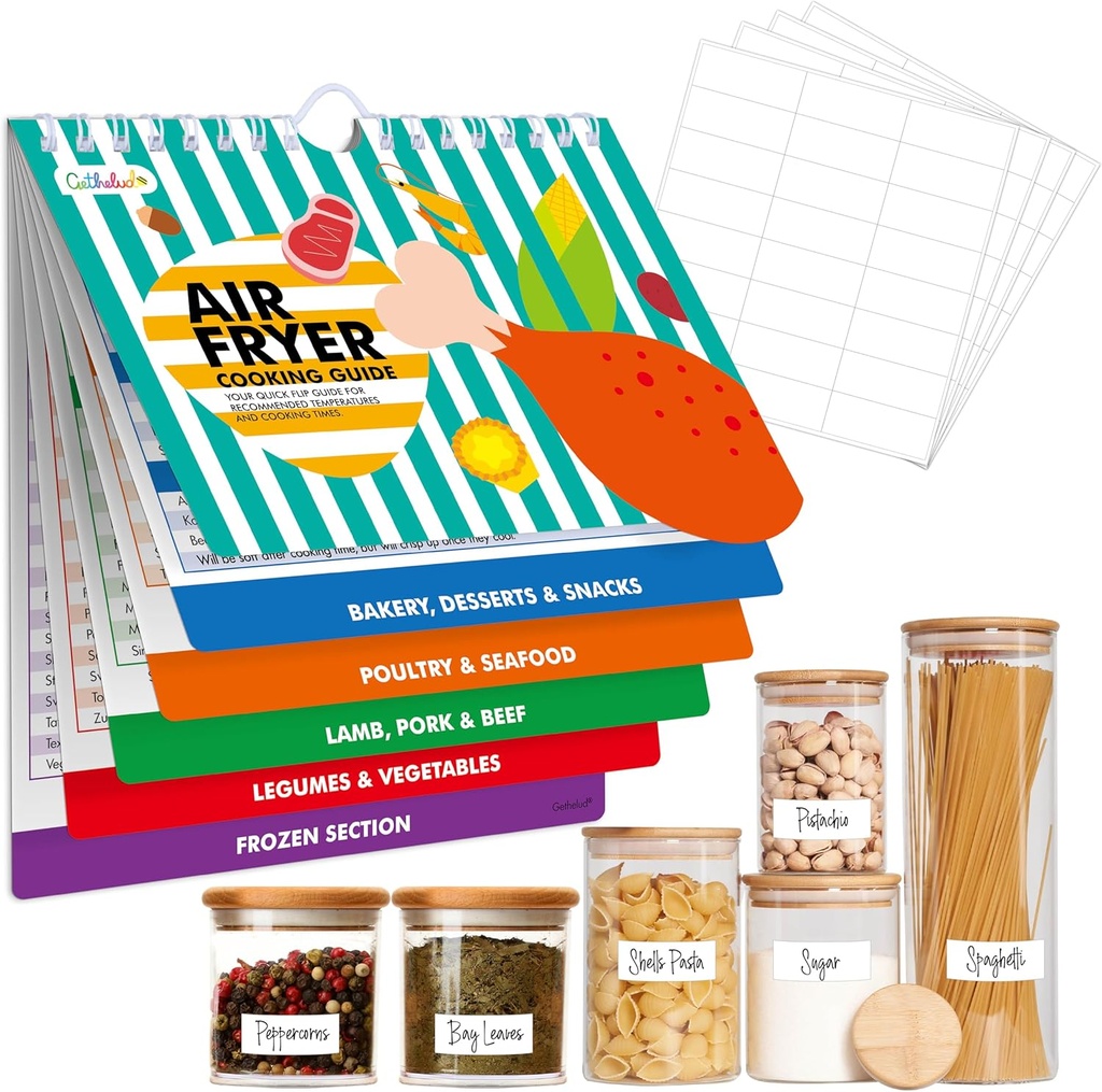 Magnetic Air Fryer Cheat Sheet, Air Fryer Cooking Guide Booklet with 72 Removable Blank Labels, Cooking Time Temp Chart Recipe Guide for Quick Reference