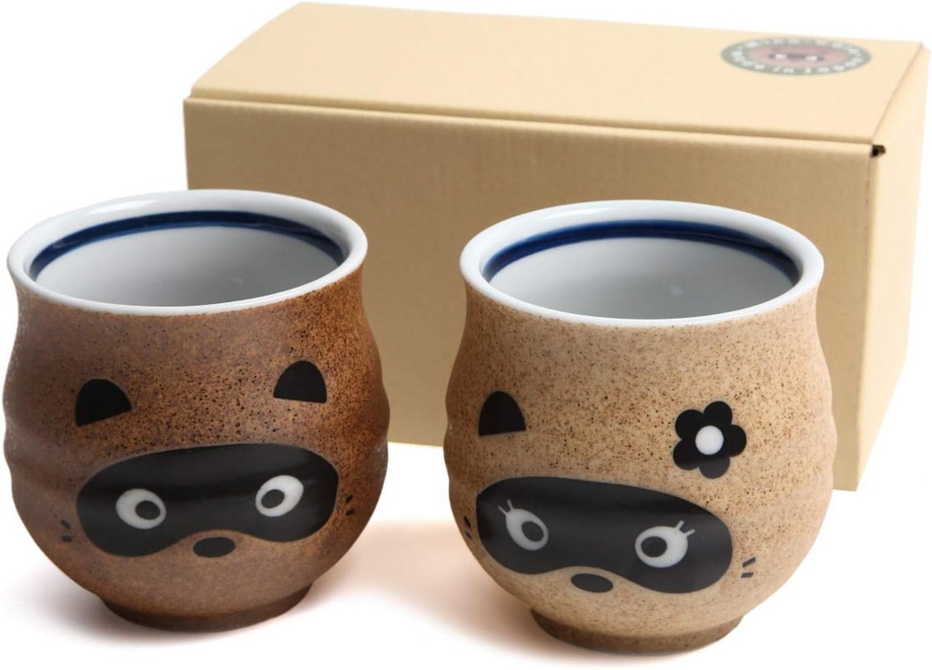 Mino Yaki, Raccoon Tea Cup (set of 2) Mug 10 fl oz sushi yunomi sake cup Made in Japan