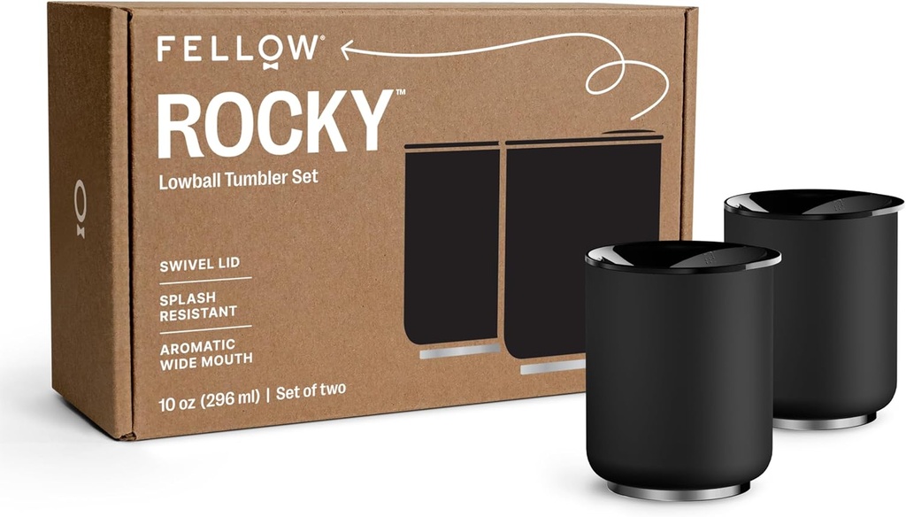 Fellow Rocky Lowball Tumbler Set of 2 - ​​Insulated Stainless Steel Cocktail Tumblers with Ceramic Interior and Swivel Pebble Lid - 10 oz, Matte Black
