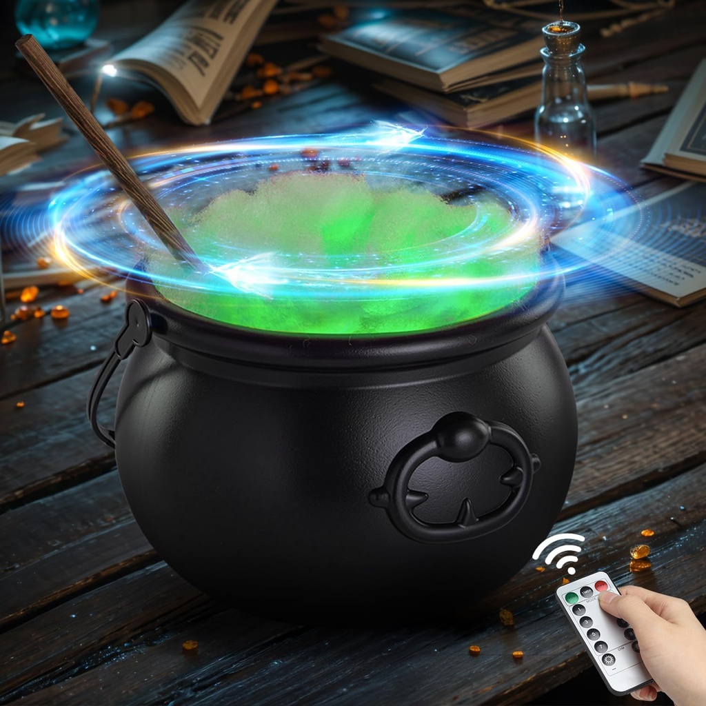 Halloween Decorations Indoor - Magic Auto Mixing Witches Cauldron - Black Plastic Punch Bowl Decor with Light String, Timer Remote for Party Home Kitchen Room Table Mantel