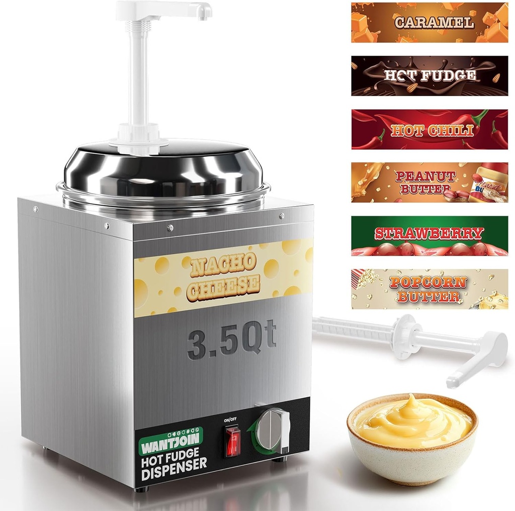 WantJoin 3.5Qt Nacho Cheese Dispenser with Pump - Nacho Cheese Warmer,Stainless Steel Hot Fudge Warmer W/5-Level Temperature Adjustment,Hot Fudge Dispenser for Hot Fudge Cheese Caramel
