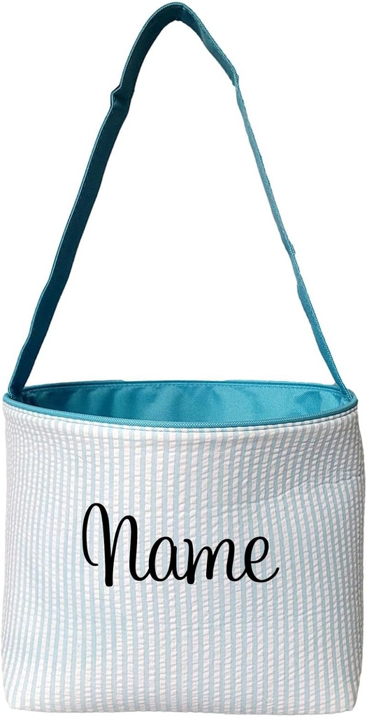 SONA G DESIGNS Personalize with a Name Seersucker Stripe Fabric Easter Basket Bucket Tote Bag - Egg Collecting