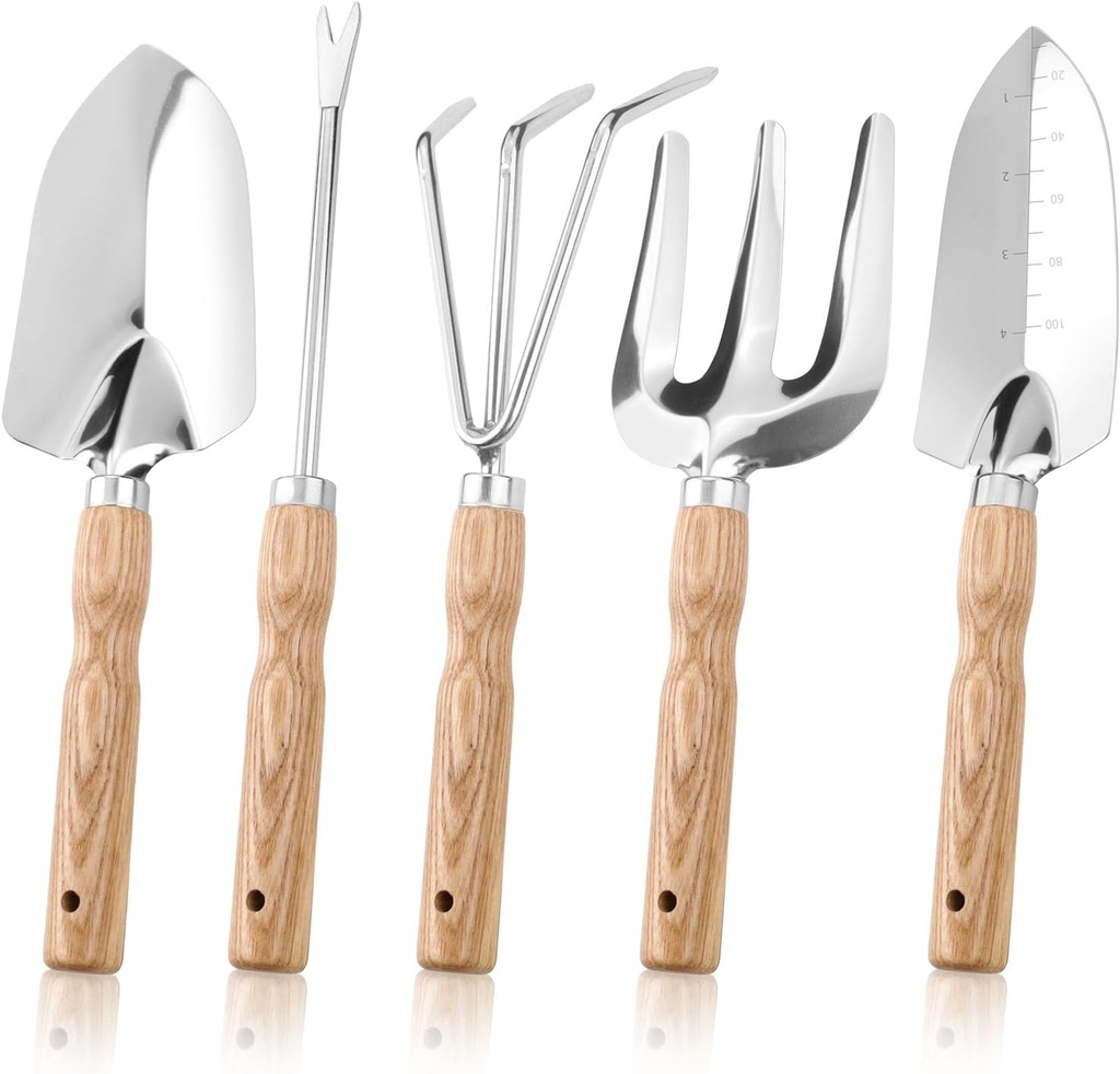 5-Piece Heavy Duty Garden Tools Set, Stainless Steel Garden Shovel kit Includes Puller, Rake, Transplant Trowel, Cultivator, Shovel, Hand Gardening Tools with Wood Handle for Women Men