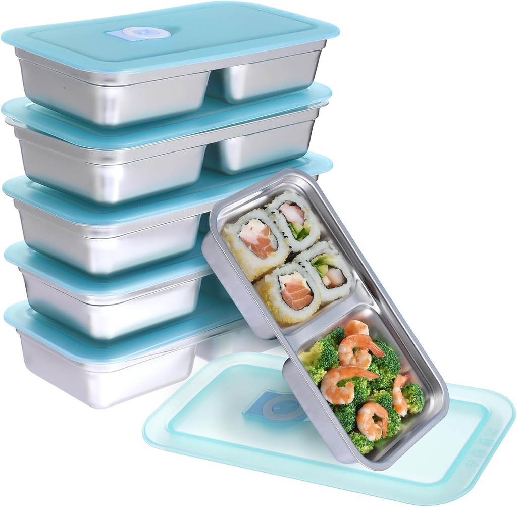 6 Pcs 304 Stainless Steel Bento Box, 30 oz 2 Compartments Food Storage Containers with Leakproof Lids, Dishwasher Safe, Stackable Lunch Box for Meal Prep