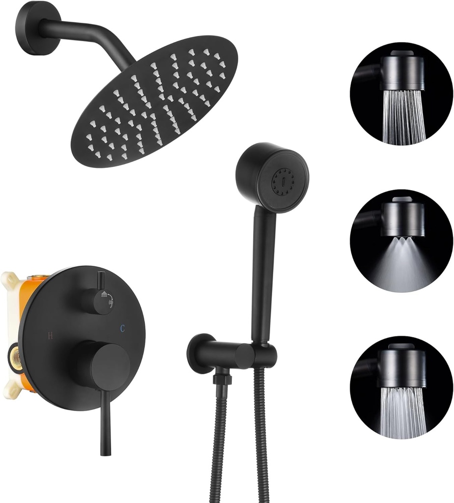 Black Shower Faucets Sets Complete, Shower Fixtures, Shower System with 8 Inches Rainfall Shower Head And 3-function High Pressure Handheld, Built- in Brass Valve with Box