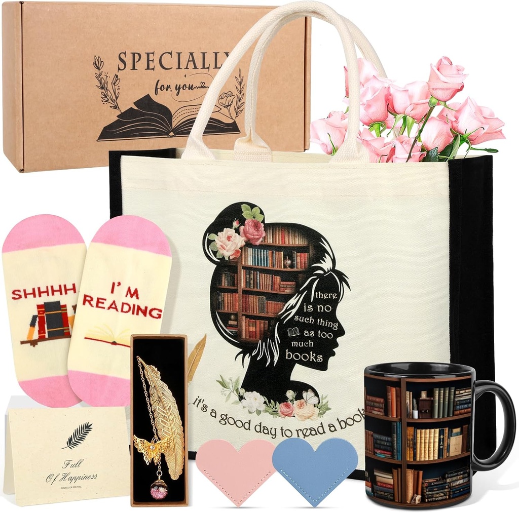 Book Lovers Gifts for Women, 8PCS Bookish Gifts for Books Lovers Women, Librarian Club Gift for Readers Bookworms, Book Lovers Accessories with Canvas Tote Bag Coffee Mugs Bookmarks