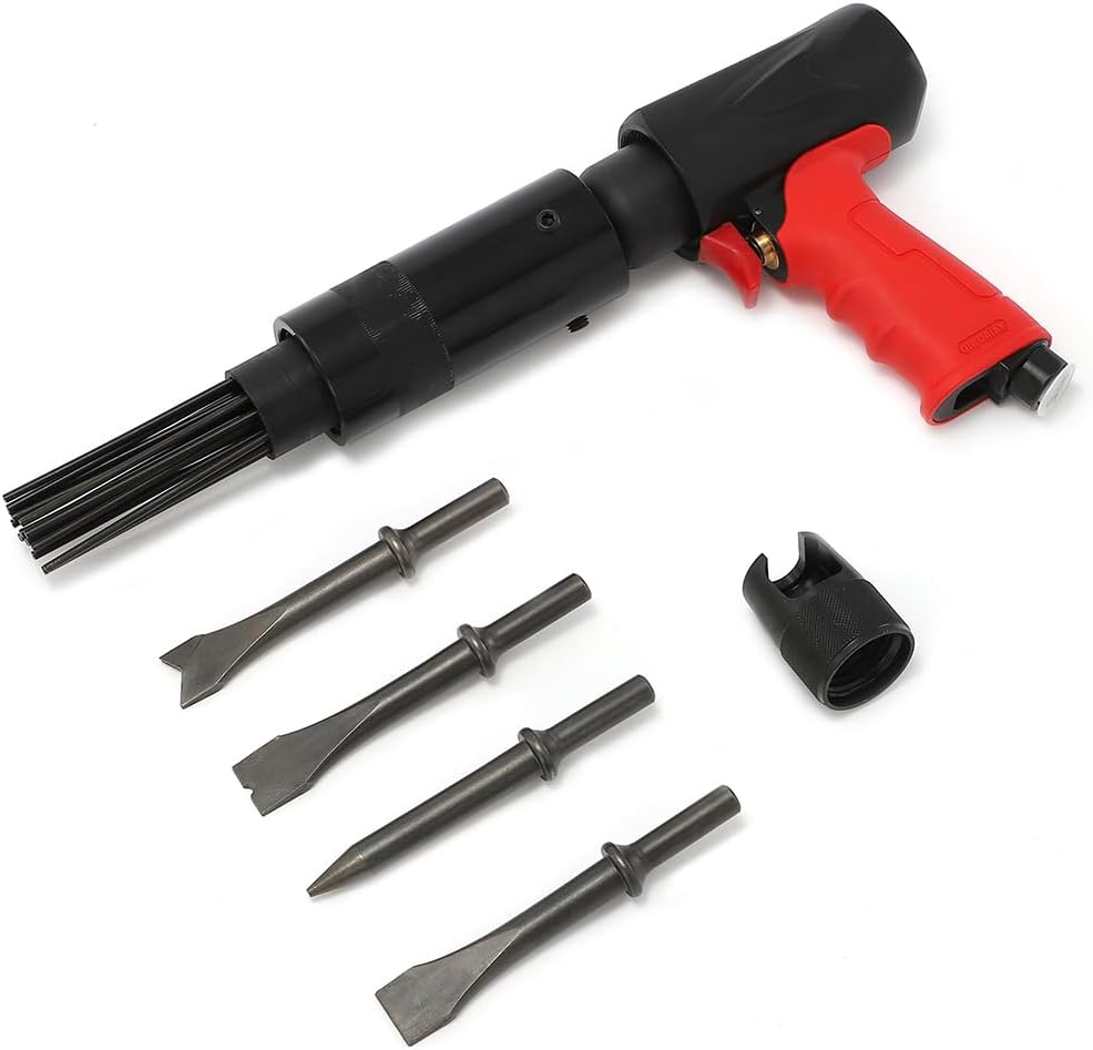 Compact Pneumatic Needle Scaler 19 Needles and Air Hammer Pistol 4 Chisels 2 in 1