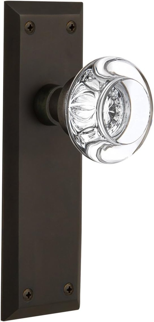 Nostalgic Warehouse New York Plate with Round Clear Crystal Glass Knob, Privacy - 2.75", Oil-Rubbed Bronze