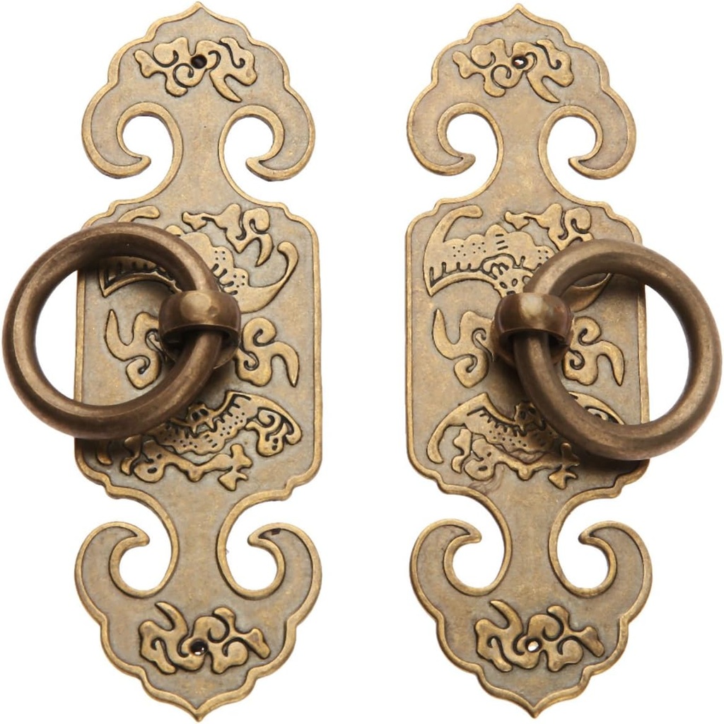 dophee 2PCS Vintage Style Brass Ring Pulls, Chinese Style Cabinet Handles Knobs with Screws for Kitchen Cupboard Closet Wardrobe Drawer Dresser Door, Antique Brass, 3.94"x1.26"