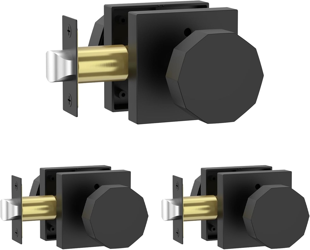 Amerdeco 3 Pack Privacy Door Knobs Matte Black Door Knobs Interior Heavy Duty Bedroom and Bathroom Door Locks Square Base Round Door Knob AM0026