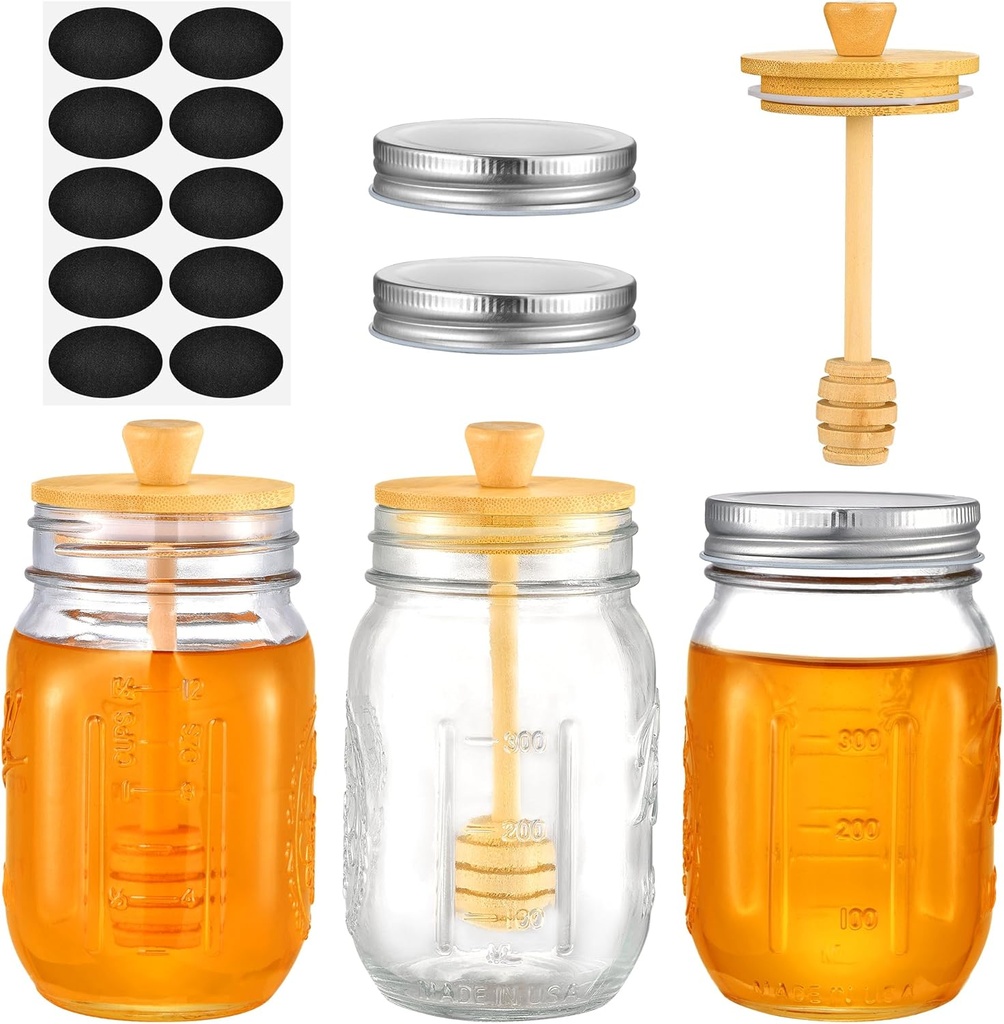 TANGLONG Honey Jar with Dipper and Lid, 16oz Honey Pot Set of 3, Syrup Storage Jars with Lids, Syrup Dispenser for Home Kitchen