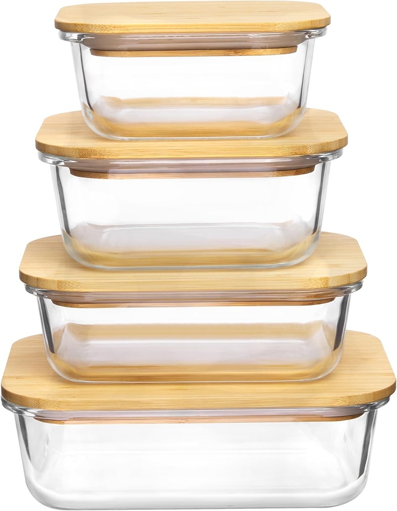 Vtopmart Glass Food Storage Containers with Bamboo Lids, 4 Pack Meal Prep Glass Containers Safe for Microwave, Oven, Freezer and Dishwasher, BPA Free