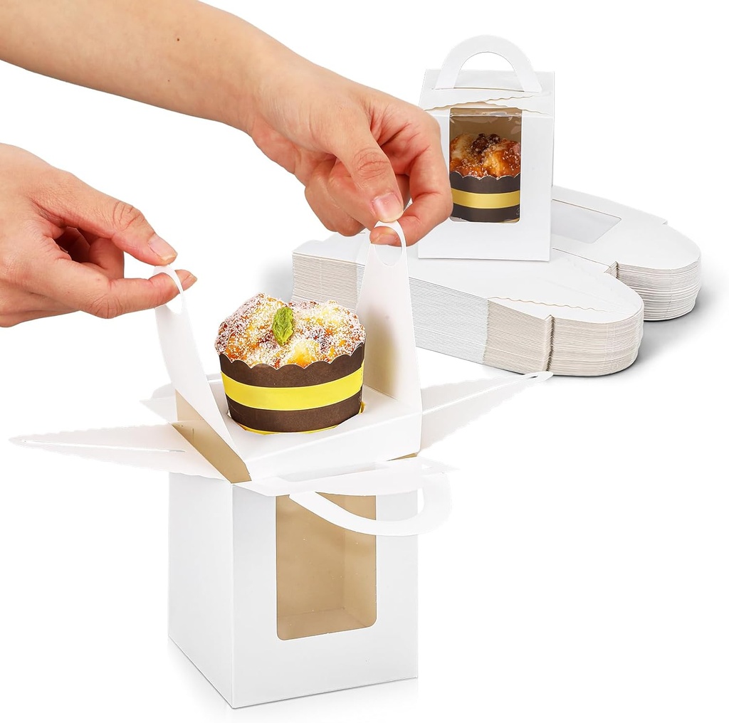 100 Pack Individual Cupcake Boxes, Single Cupcake Boxes White with Window & Handle, 4.3x3.7x3.7 Disposable Pastry Treat Containers for Cookies, Muffins, Donuts, Desserts, Party Favors