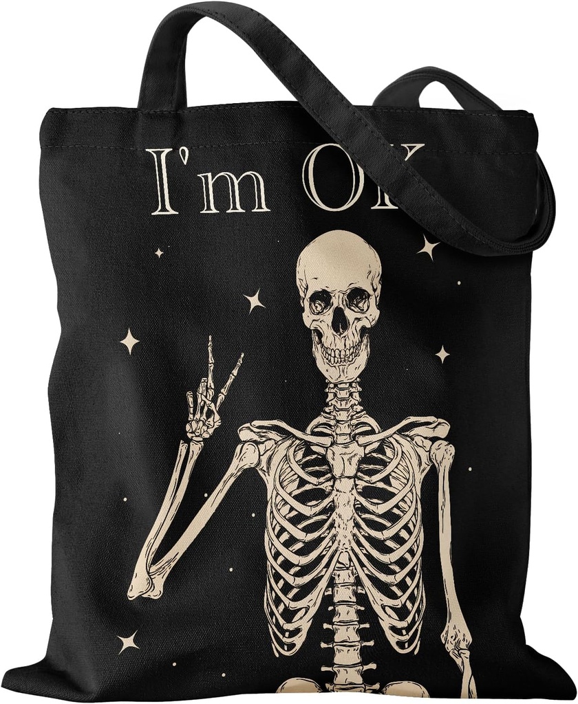 Aesthetic Canvas Tote Bag with Pattern for Women, Stylish Funny Goth Skeleton Spooky Skull Inspired Design, Casual Cloth Cotton Totes Bag for Vacation, Shopping, Grocery, Gym