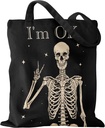 Aesthetic Canvas Tote Bag with Pattern for Women, Stylish Funny Goth Skeleton Spooky Skull Inspired Design, Casual Cloth Cotton Totes Bag for Vacation, Shopping, Grocery, Gym