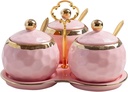 Set of 3 Porcelain Condiment Pot Sugar Bowl with Lid, Spoon and Tray, Modern Ceramic Seasoning Jars Salt Container for Home Kitchen, Restaurant, Coffee Bar (Pink)