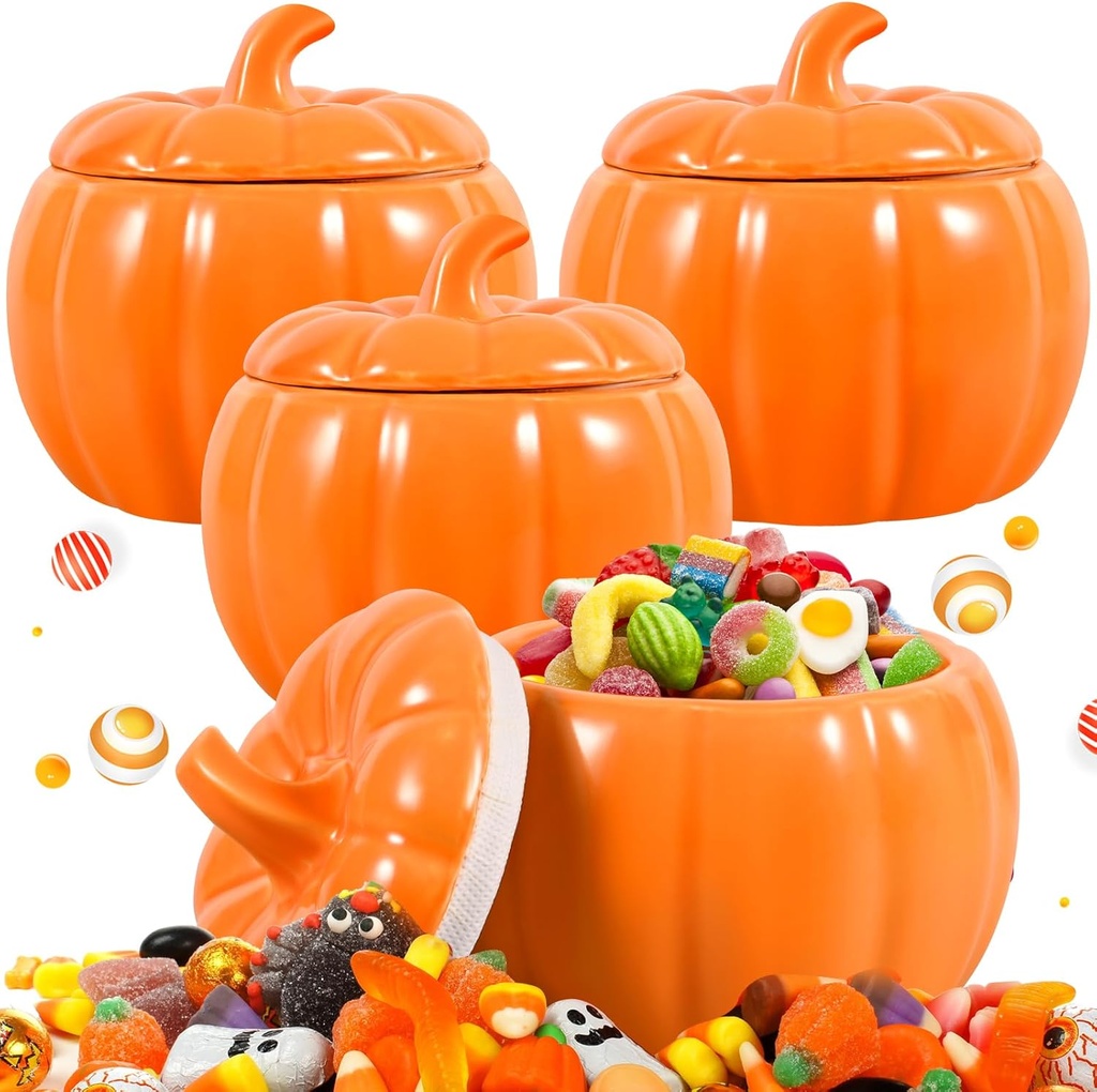 VAIPI 4 Pack Pumpkin Candy Jar Halloween Cookie Jar with Lids Ceramics Pumpkin Bowl Fall Candy Dish Pumpkin Canister Storage Sugar Bowls Snack Containers for Halloween Thanksgiving Party Table Decor
