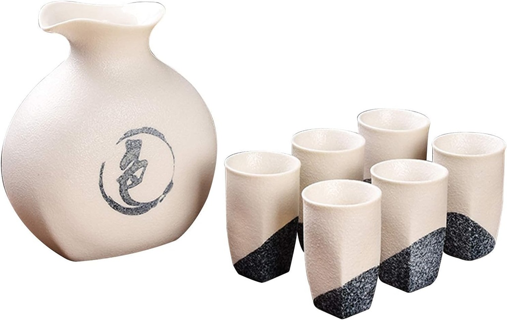 New Japanese Sake Set 7 Piece, Sake Cup Set Traditional Porcelain Pottery Ceramic Cups Crafts 6pcs Cups and 1pcs Sake Pot - Chinese Words,B,Tableware(D b)