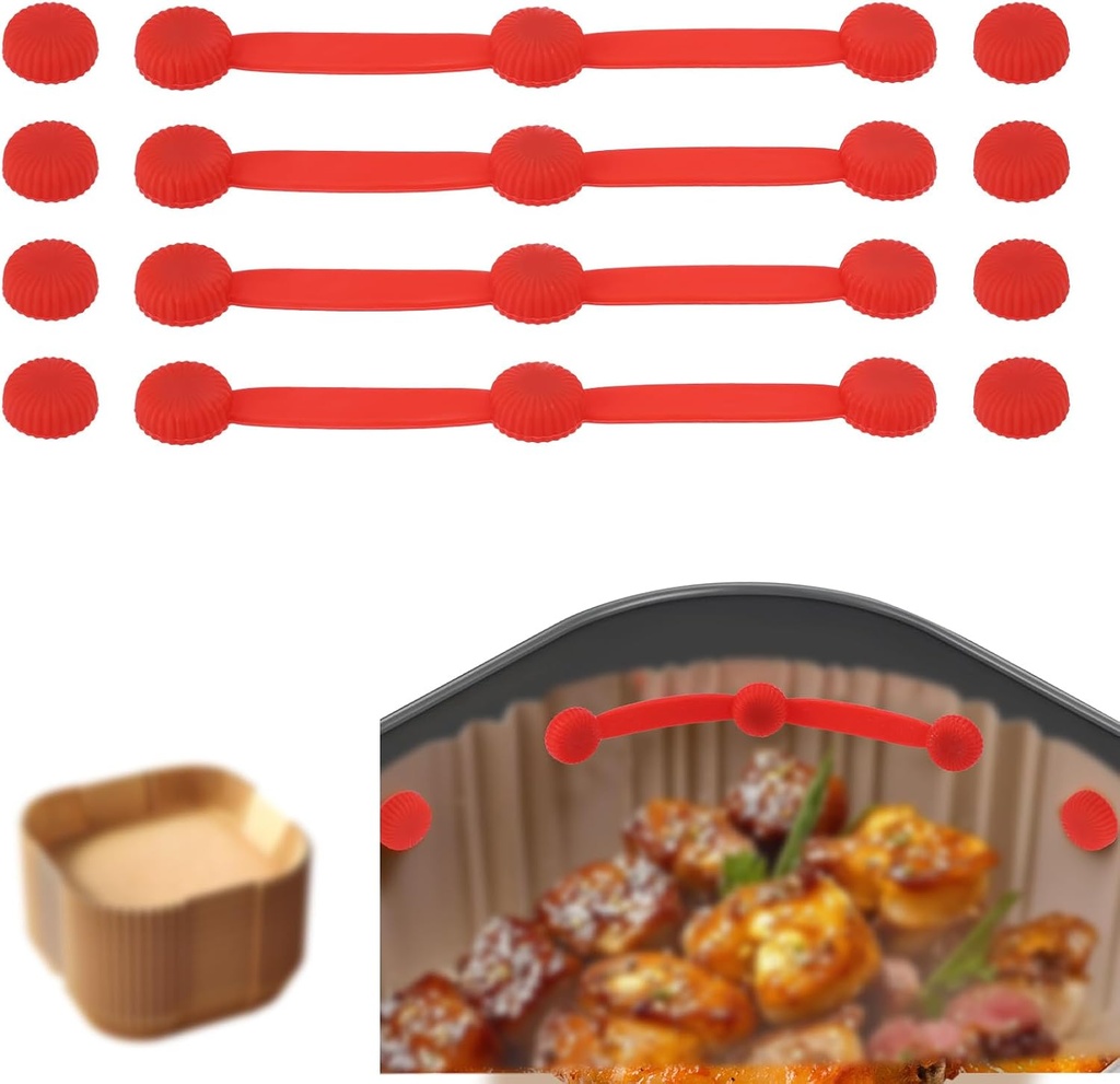 4pcs Air Fryer liner Magnets Set, Universal Fit Strip-Shaped Air Fryer Silicone Magnet Buckle with 8 Single Silicone Magnetic Buckle for Protecting Basket from Scratches Fixing Parchment Paper(Red)
