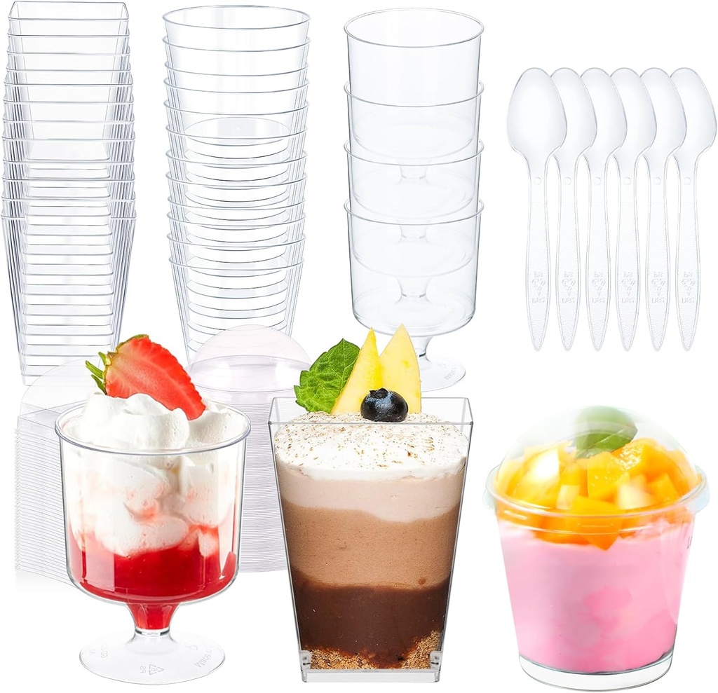340 Packs 5/6 oz Plastic Dessert Cups with Lids and Spoons, Square/Round/Round Goblet Clear Dessert Parfait Cups, Mini Dessert Cups Small Reusable Fruit Ice Cream Pudding Appetizer Cup Bowls