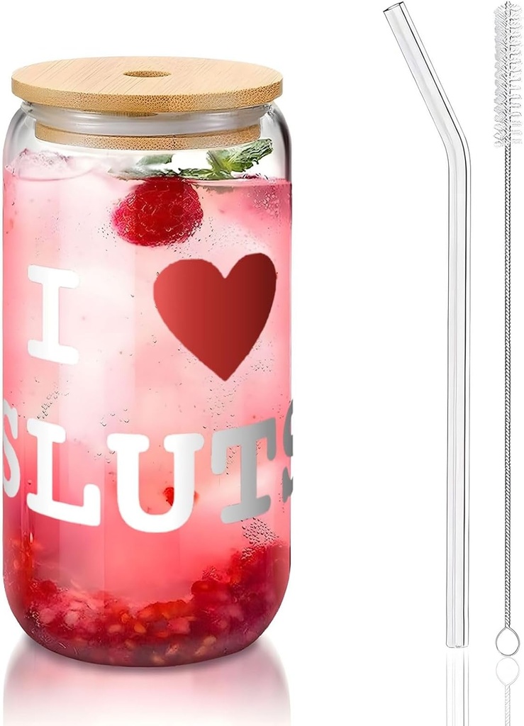 I Love Sluts1 16 Oz Drinking Glasses With Bamboo Lids,Glass Straw And Cleaning Brushes Glass Tea Cup For Iced Coffee,Smoothie,Cocktail,Beer,Whiskey,Soda,Matcha