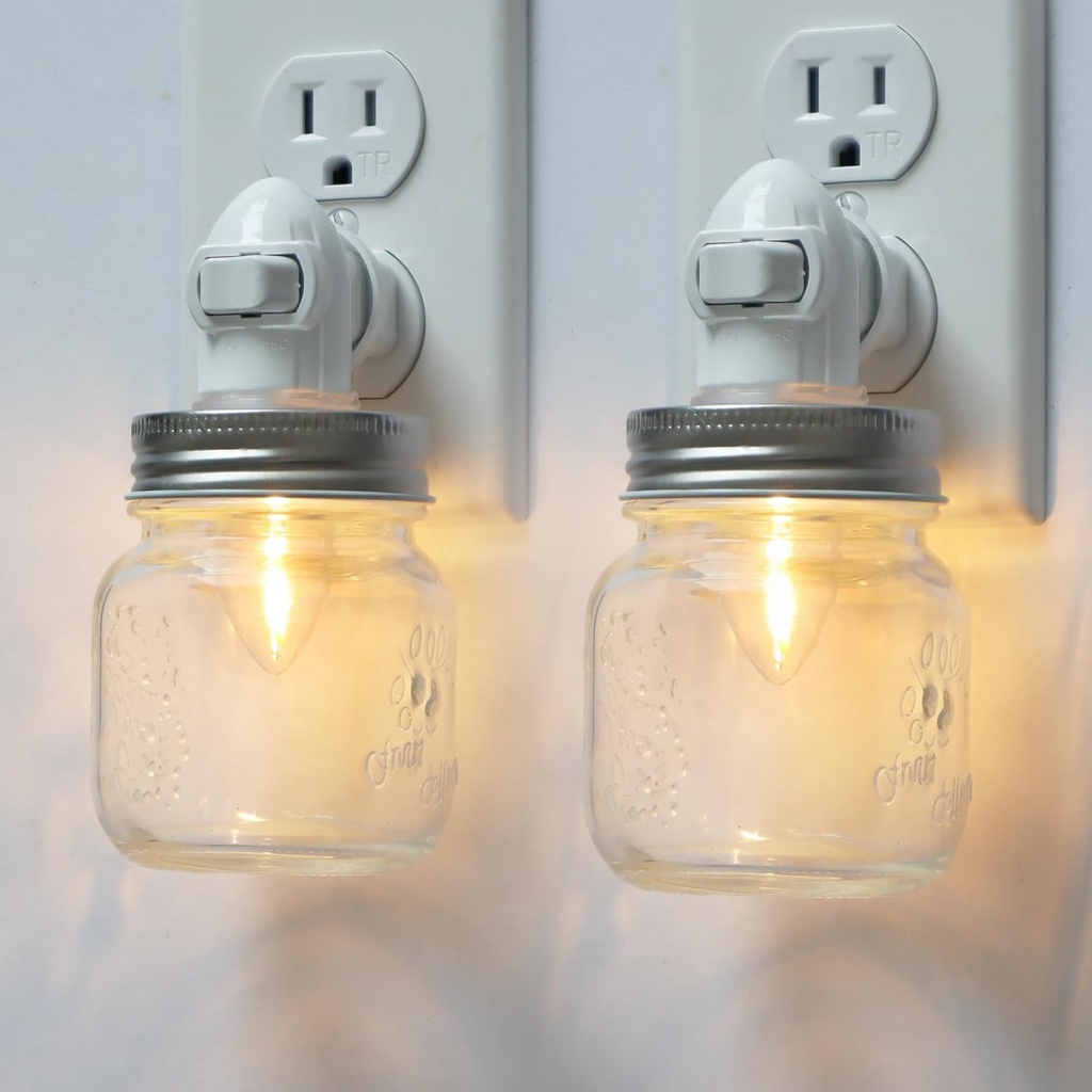 Vintage Mason Jar Plug in Night Light with On Off Switch, 2-Pack 0.5W LED Night Lights Plug into Wall Socket, Farmhouse Nightlight with Mason Jar Lamp Shade for Adult Kids Room Bathroom Hallway