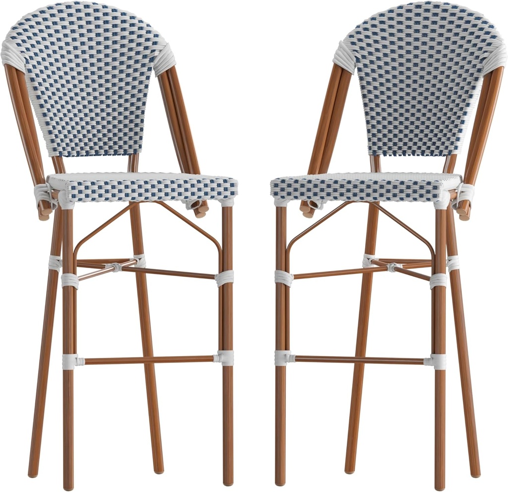 Flash Furniture Lourdes Commercial Grade Bistro Bar Height Stool, Stackable Indoor/Outdoor Dining Stool, 30" High, White/Navy and Bamboo Finish, Set of 2