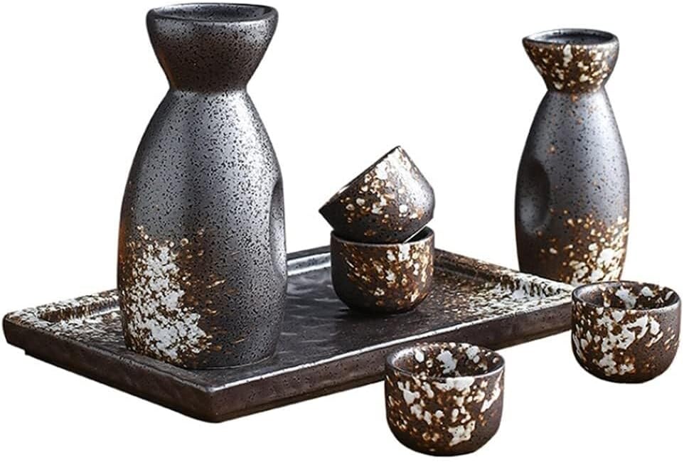 Traditional Japanese Sake Set, Ceramic Wine Pot & Glasses, Black Spirits Rice Wine Set