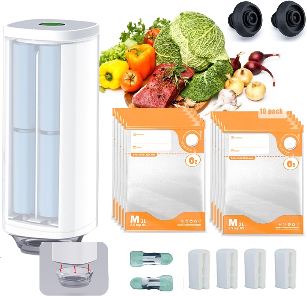 Compact Vacuum Sealer For Food, Handheld Vacuum Sealer Machine with 10 reusable vacuum seal bags(8x12inch), 4 Sealing Clip, 2 Clips for Sous Vide Cooking, 2 vacuum wine stoppers