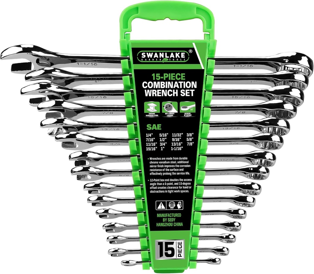 SWANLAKE GARDEN TOOLS 15-Piece SAE Wrench Set, V Notch Premium Combination Wrenchs Set, SAE 1/4" to 1", Max Torque, 12-Point, Chrome Vanadium Steel, with Storage Rack